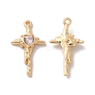 Rack Plating Alloy Pandants, with Glass, Nickel Free, Cross with Heart Charms, Golden, Pink, 27.5x16x4.5mm, Hole: 1.5mm(PALLOY-O106-06G-01)
