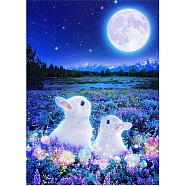 DIY Rectangle Rabbit Theme Diamond Painting Kits, Including Canvas, Resin Rhinestones, Diamond Sticky Pen, Tray Plate and Glue Clay, Rabbits in the Moon Night, Blue, 400x300mm(DIAM-PW0004-021)