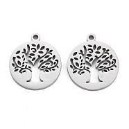 304 Stainless Steel Charms, Laser Cut, Flat Round with Tree, Stainless Steel Color, 14x12x1mm, Hole: 1mm(STAS-N095-053)