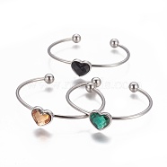 304 Stainless Steel Cuff Bangles, with Acrylic Rhinestone, Heart, Faceted, Stainless Steel Color, Mixed Color, 2-1/4 inch(5.7cm), 2~8mm(BJEW-F400-06P)