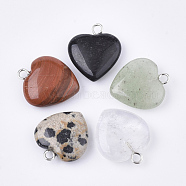 Natural & Synthetic Mixed Gemstone Pendants, with Iron Eye Pins, Heart, Platinum, 17~18x15x5~6mm, Hole: 1.8mm(G-S349-04)