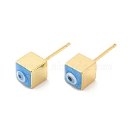 Long-Lasting Plated Cube with Enamel Evil Eye Stud Earring, Real 18K Gold Plated Brass Jewelry for Women, Deep Sky Blue, 6x6mm, Pin: 0.8mm(EJEW-E272-01G-01)