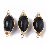 Natural Agate Links Connectors, Wire Wrapped Links, with Light Gold Tone Brass Wires, Dyed, Oval, Black, 21~22x9x7~8mm, Hole: 1~1.2mm(G-N326-17A)
