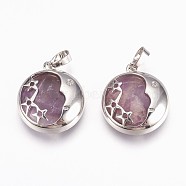 Natural Amethyst Pendants, with Brass Findings, Flat Round with Star, Platinum, 27x23x6.5mm, Hole: 5x8mm(G-P378-B08)