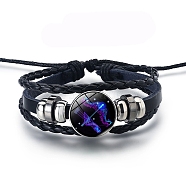 Alloy Braided Bead Bracelets, Leather Multi-Strand Bracelet, Glass Constellation Bracelet, Sagittarius, 7-7/8 inch(20cm)(PW-WG38488-06)