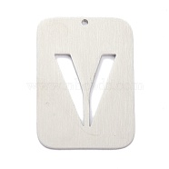 304 Stainless Steel Pendants, Rectangle with Alphabet, Hollow, Letter.V, 32x22x1mm, Hole: 1.5mm(STAS-K216-49V-P)