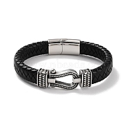Men's Braided Black PU Leather Cord Bracelets, Horseshoe 304 Stainless Steel Link Bracelets with Magnetic Clasps, Antique Silver, 8-5/8 inch(21.8cm)(BJEW-K243-36AS)