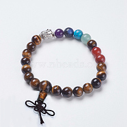 Chakra Jewelry, Natural Tiger Eye and Mixed Stone Buddha Stretch Bracelets, with Alloy Findings, Buddha Head, 2-1/8 inch(54mm), Pendant: 40x10mm(BJEW-K200-02-03AS)