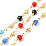 Handmade Cube Glass Beaded Chains, Real 18K Gold Plated Brass Link Chains, Soldered, with Spool, Cadmium Free & Lead Free, Mixed Color, Cube: 13.5x4.5x4.5mm, Brass Link: 8.5x3.5x3mm(CHC-M024-13G)