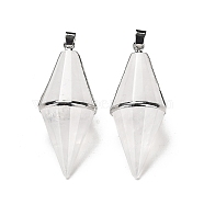 Natural Quartz Crystal Pointed Pendants, Rock Crystal Pendants, Faceted Bicone Bullet Charms with Rack Plating Platinum Plated Brass Findings, Cadmium Free & Lead Free, 42.5~43x17~18mm, Hole: 4x5.5mm(G-F763-04P-01)