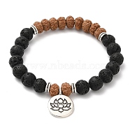 Yoga Theme Lava Rock Bodhi Wood Beads Stretch Charm Bracelets, with Tibetan Style Alloy Findings, Lotus, 50mm, about 22pcs/strand(BJEW-L620-02C-01)