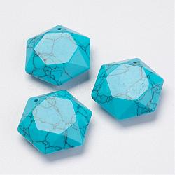 Synthetic Turquoise Pendants, Hexagon, 28~29x25x9~10mm, Hole: 1.5mm(G-P264-05)