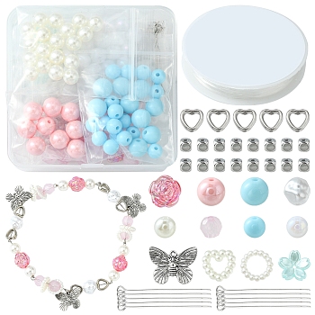 DIY Stretch Bracelet Making Kit, Including Flower & Imitation Pearl & Cube Acrylic & Plastic Beads, Heart Plastic Linking Rings, Butterfly Alloy Charms, Mixed Color, 198Pcs/set