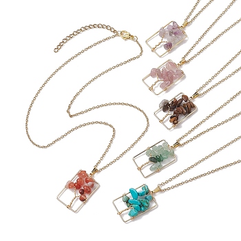 Natural mixed Gemstone with Brass Pendant Necklaces,  Rectangle with Tree, 17.99 inch(45.7cm)