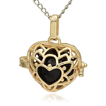 Golden Tone Brass Hollow Heart Cage Pendants, with No Hole Spray Painted Brass Round Beads, Black, 24x26x18mm, Hole: 3x8mm