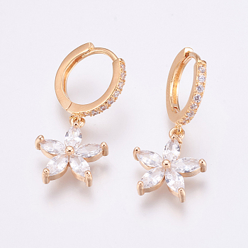 Brass Micro Pave Cubic Zirconia Dangle Hoop Earrings, with Glass Rhinestone, Flower, Golden, 29mm, Pin: 1mm