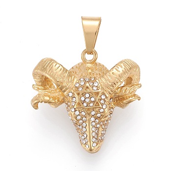 304 Stainless Steel Pendants, with Crystal Rhinestone, Goat Head with Star of David, Golden, 37x38x17mm, Hole: 6.5x12mm