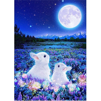 DIY Rectangle Rabbit Theme Diamond Painting Kits, Including Canvas, Resin Rhinestones, Diamond Sticky Pen, Tray Plate and Glue Clay, Rabbits in the Moon Night, Blue, 400x300mm