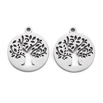 304 Stainless Steel Charms, Laser Cut, Flat Round with Tree, Stainless Steel Color, 14x12x1mm, Hole: 1mm