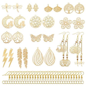 DIY Filigree Drop Earring Making Kits, Including Leaf & Butterfly & Lightning 201 Stainless Steel Pendants & Links, Iron Earring Hooks, Real 18K Gold Plated, 74Pcs/box
