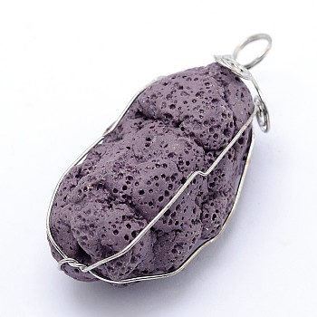 Irregular Synthetic Lava Rock Big Pendants, with Platinum Plated Brass Findings, Dyed, Medium Purple, 61x26x27mm, Hole: 6.5mm