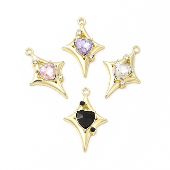 Rack Plating Alloy with Glass Pendants, Star with Heart Charms, Light Gold, Cadmium Free & Nickel Free & Lead Free, Mixed Color, 30.5x19.5x5mm, Hole: 1.8mm