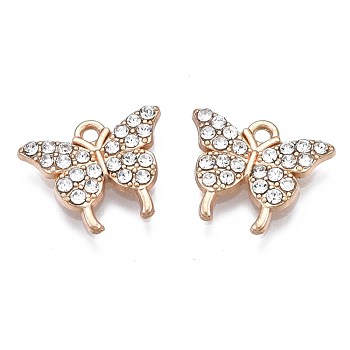 Alloy Charms, with Crystal Rhinestone, Cadmium Free & Nickel Free & Lead Free, Light Gold, Butterfly, Light Gold, 12x15x2mm, Hole: 1.4mm