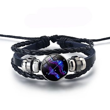 Alloy Braided Bead Bracelets, Leather Multi-Strand Bracelet, Glass Constellation Bracelet, Sagittarius, 7-7/8 inch(20cm)