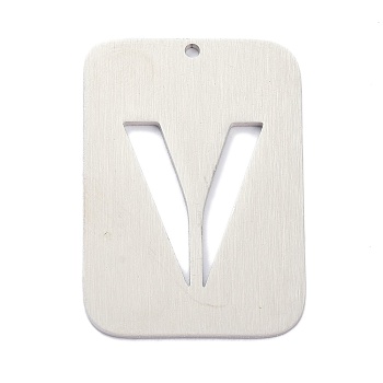 304 Stainless Steel Pendants, Rectangle with Alphabet, Hollow, Letter.V, 32x22x1mm, Hole: 1.5mm