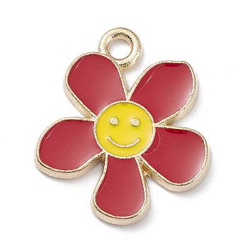 Alloy Enamel Pendants, Light Gold, Flower with Smiling Face Charm, Red, 21.5x18x1.5mm, Hole: 2mm