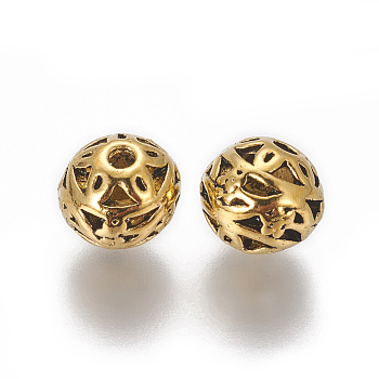 Tibetan Style Alloy Beads, Hollow, Round, Antique Golden, 8.5mm, Hole: 1.6mm
