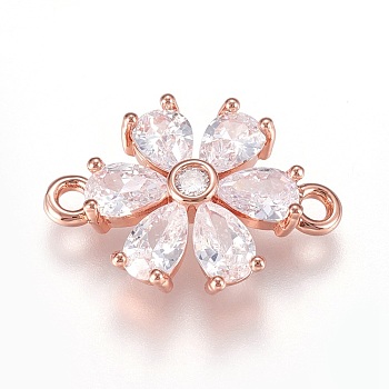 Brass Micro Pave Cubic Zirconia Links, Lead Free & Cadmium Free, Flower, Clear, Rose Gold, 14.5x20x4mm, Hole: 1.8mm