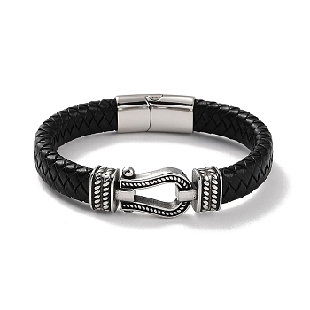 Men's Braided Black PU Leather Cord Bracelets, Horseshoe 304 Stainless Steel Link Bracelets with Magnetic Clasps, Antique Silver, 8-5/8 inch(21.8cm)
