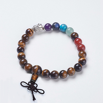 Chakra Jewelry, Natural Tiger Eye and Mixed Stone Buddha Stretch Bracelets, with Alloy Findings, Buddha Head, 2-1/8 inch(54mm), Pendant: 40x10mm