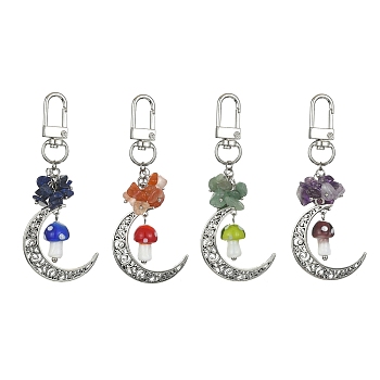 Tibetan Style Alloy Moon Pendant Decoration, with Mushroom Lampwork and Gemstone Chips Alloy Swivel Clasps Charms, 88mm, 4pcs/set