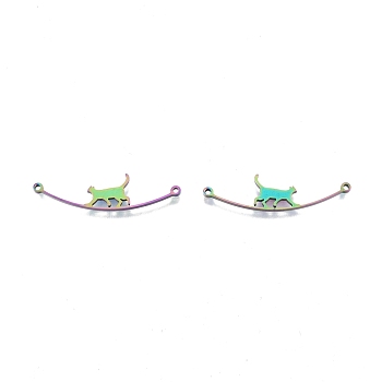 Rack Plating 201 Stainless Steel Connector Charms, Cat, Rainbow Color, 43x11x1.5mm, Hole: 1.5mm