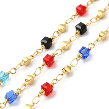 Handmade Cube Glass Beaded Chains, Real 18K Gold Plated Brass Link Chains, Soldered, with Spool, Cadmium Free & Lead Free, Mixed Color, Cube: 13.5x4.5x4.5mm, Brass Link: 8.5x3.5x3mm
