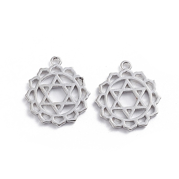 Brass Pendants, Cut-Out, Chakra, Anahata, Long-Lasting Plated, Hollow, for Jewish, Flower with Star of David, Platinum, 17x15x1.4mm, Hole: 1.2mm
