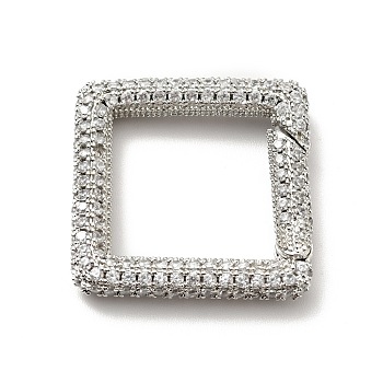 Brass Micro Pave Clear Cubic Zirconia Spring Gate Rings, Cadmium Free & Lead Free, Square, Platinum, 25x25x4mm