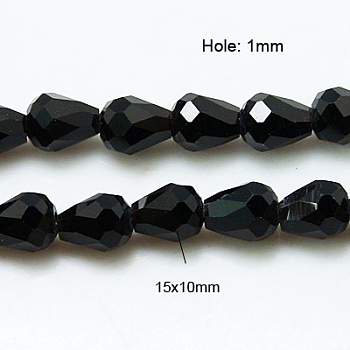 Crystal Glass Beads Strands, Faceted, teardrop, Black, 15x10mm
