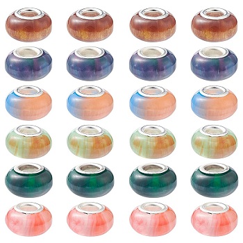 24Pcs 6 Colors Rondelle Resin European Beads, Large Hole Beads, Imitation Stones, with Silver Tone Brass Double Cores, Mixed Color, 13.5x8mm, Hole: 5mm, 4pcs/color