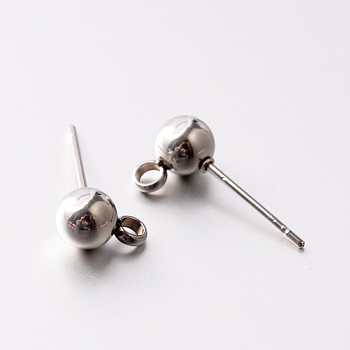 304 Stainless Steel Post Stud Earring Findings, with Loop, Stainless Steel Color, 8x5mm, Hole: 1.8mm, Pin: 0.6mm