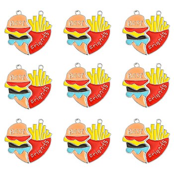 Alloy Enamel Split Pendants, Heart with Word Best Friends & Burgers and Fries, Platinum, 31x17~17.5x1.5mm, Hole: 2.2mm