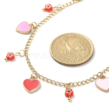 Alloy Heart & Millefiori Glass Flower Bib Necklace with Ion Plating(IP) Handmade 304 Stainless Steel Chains(NJEW-JN04403)-3