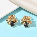 Valentine's Day 304 Stainless Steel Cubic Zirconia Stud Earrings for Women, Flower with Teardrop, Ion Plating(IP), Real 18K Gold Plated, Black, 22x21.5mm(EJEW-F411-01G-01)