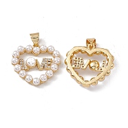 Brass Micro Pave Cubic Zirconia Pendants, with ABS Imitation Pearl, Heart with Word LOVE Charm for Valentine's Day, Real 18K Gold Plated, 19.5x21x5mm, Hole: 5x3.5mm(KK-B061-06G)