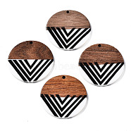 Resin & Walnut Wood Pendants, Flat Round with Stripe, Black, 35x2~3mm, Hole: 2mm(RESI-S389-078)