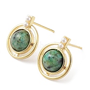 Dyed Synthetic Turquoise Half Round Dangle Stud Earrings, Real 18K Gold Plated Brass Earrings, Cadmium Free & Lead Free, Green, 16x13mm(EJEW-B027-01G-01)