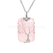 Natural Rose Quartz Pendant Necklace with Brass Cable Chains, Rectangle with Tree, 20.47 inch(52cm)(PW23042504462)