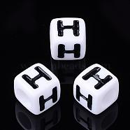 Letter Acrylic Beads, Cube, White, Letter H, Size: about 7mm wide, 7mm long, 7mm high, hole: 3.5mm, about 2000pcs/500g(PL37C9129-H)
